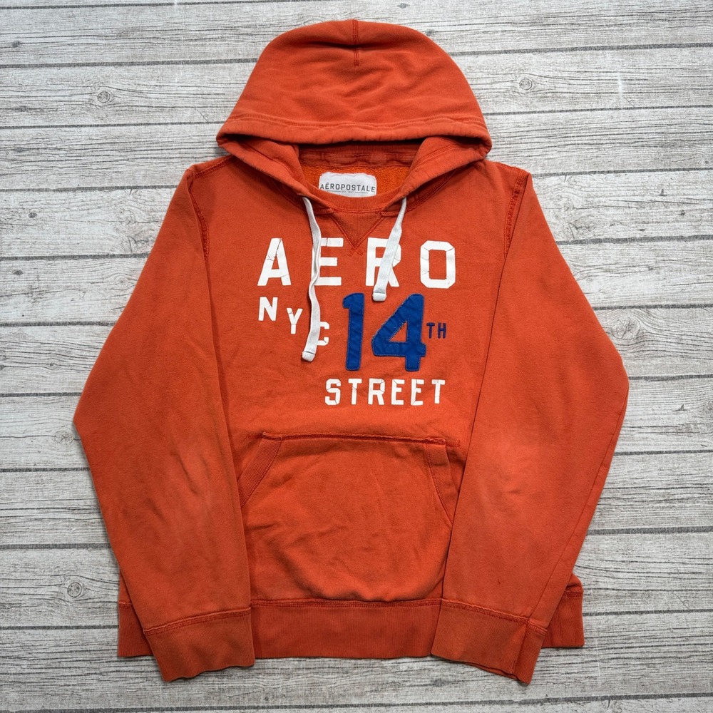 Y2K Aeropostale Hoodie Men's XL Orange Fleece Lined Loose Pullover Sweatshirt